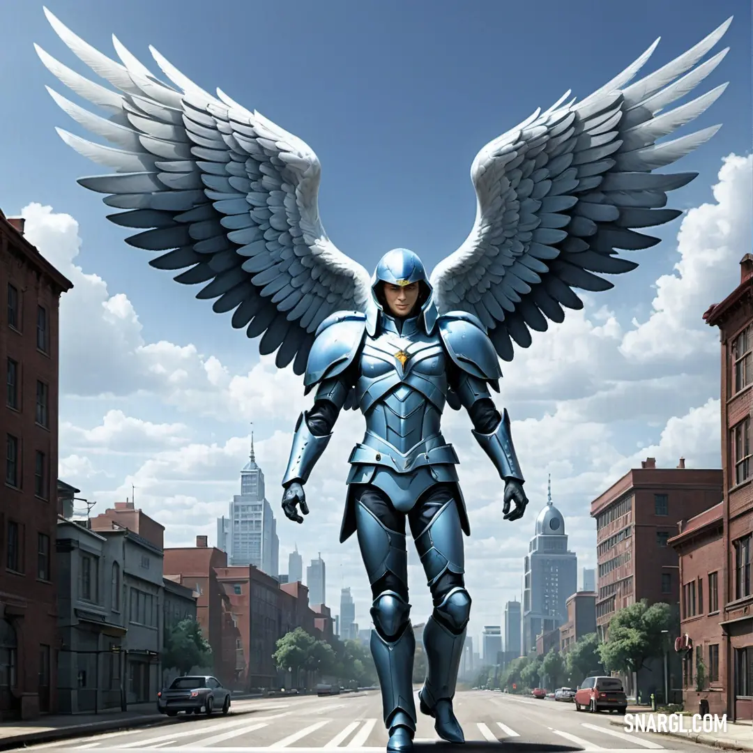 Archangel in a suit with wings walking down a street with a city in the background
