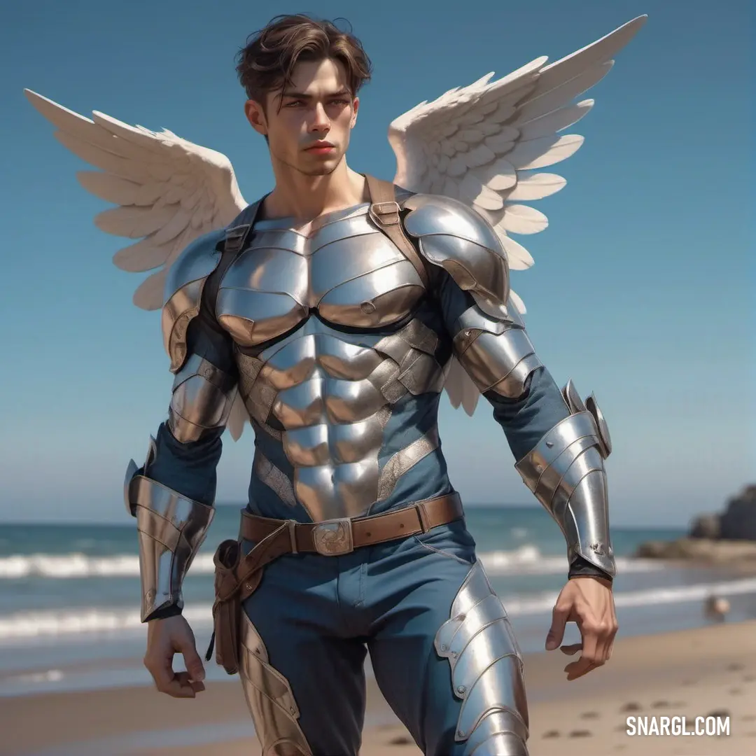 Archangel in a suit with wings on the beach near the ocean with a blue sky in the background