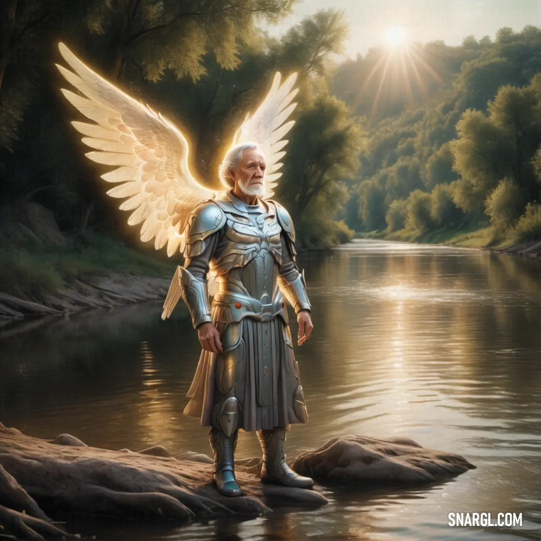 Archangel in armor standing in a river with wings outstretched and a halo around his head