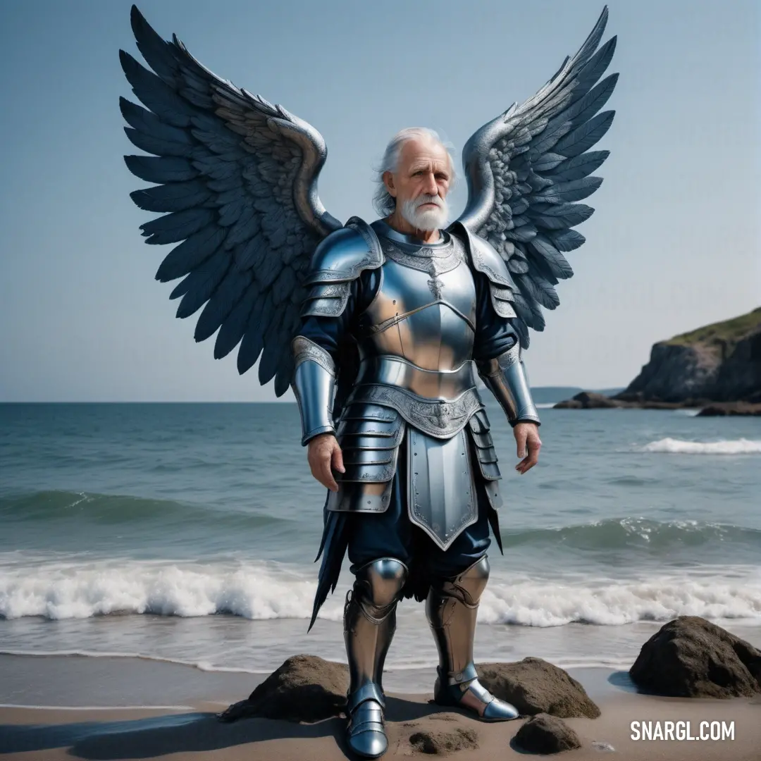 Archangel in armor standing on a beach with wings outstretched and a helmet on his head and a body of water in the background