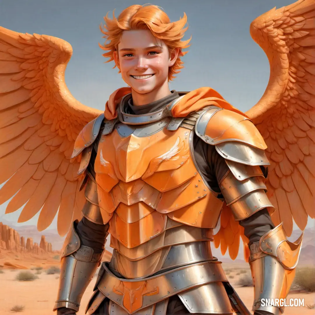 Archangel in armor with wings on his chest and a desert background behind him