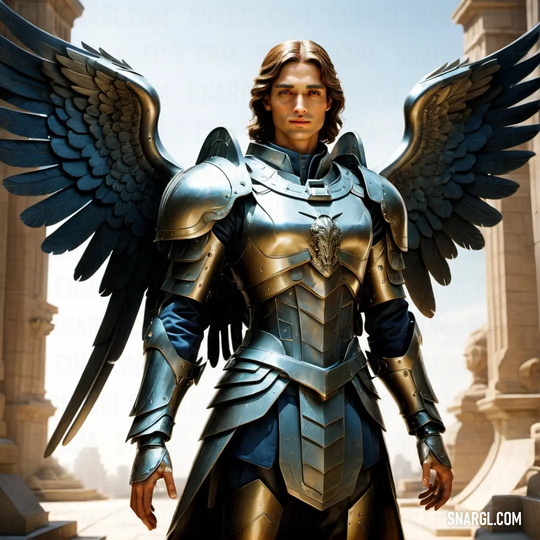 Archangel in armor with wings standing in front of a building with columns