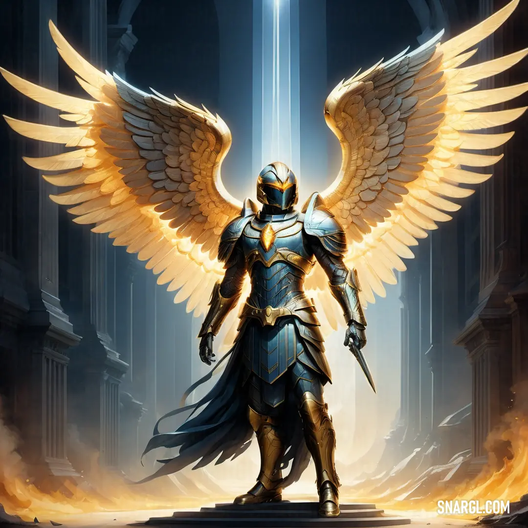 Archangel in armor with wings standing in a doorway with a sword in his hand
