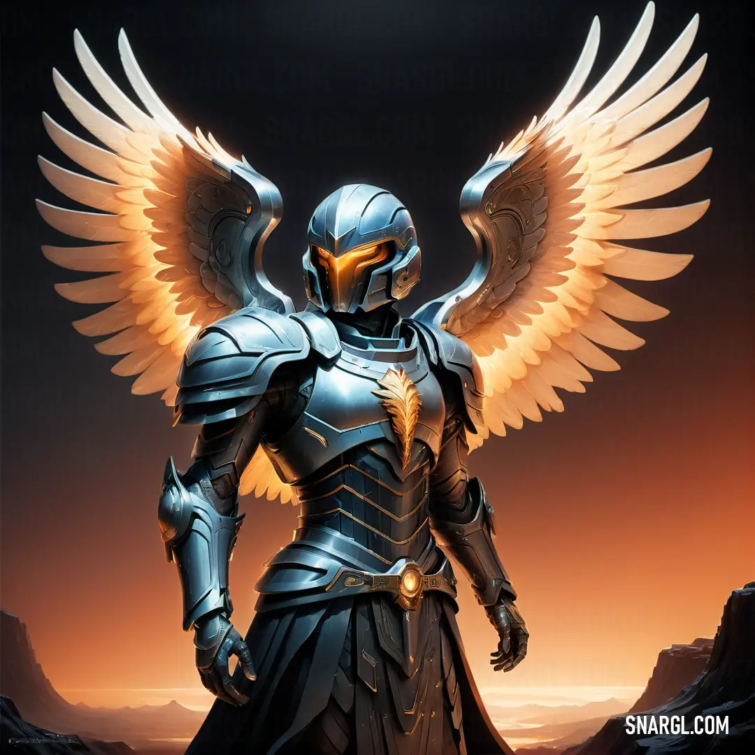 Archangel in armor with wings standing in a desert area at night with a full moon in the background
