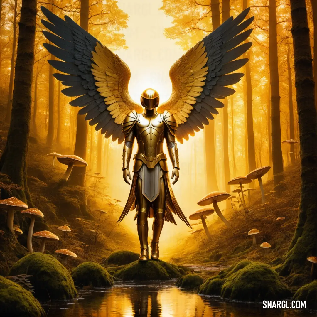 Archangel in armor with wings and a halo around his neck