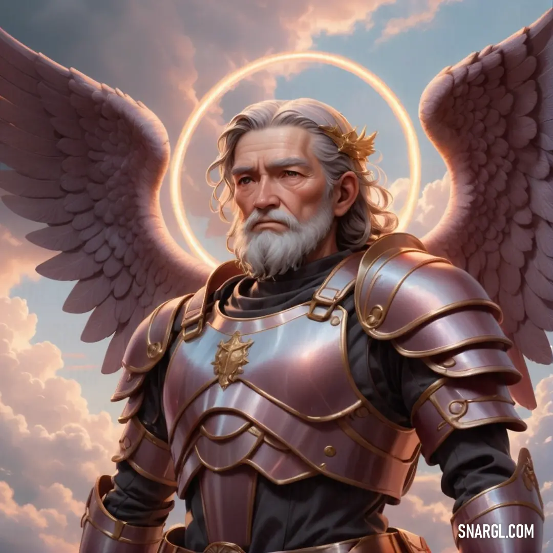 Archangel with a beard and a beard wearing armor and wings