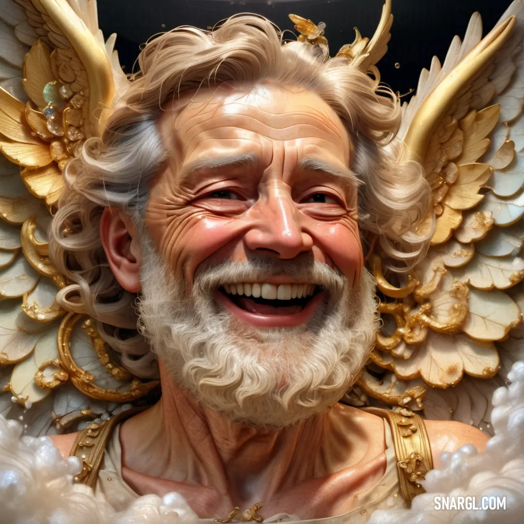 Archangel with a beard and angel wings on his head and a clock in the background with a sky
