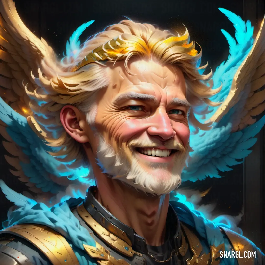 Archangel with a beard and wings on his head smiling at the camera