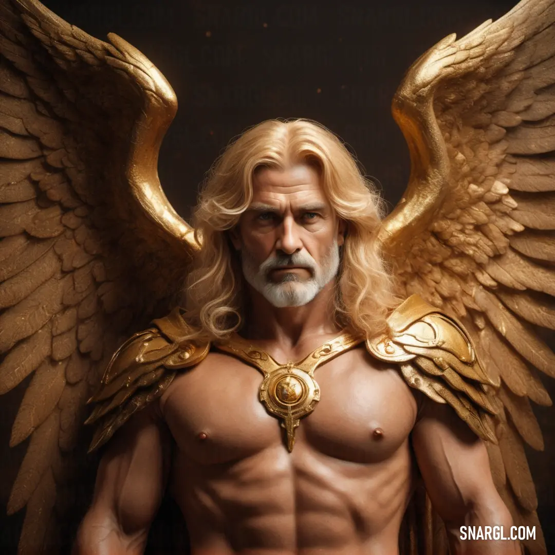 Archangel with a beard and a gold angel costume on his chest
