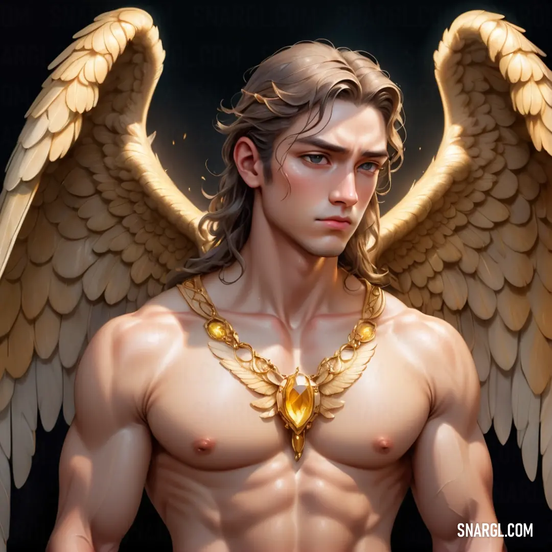 Archangel with a golden necklace and wings on his chest
