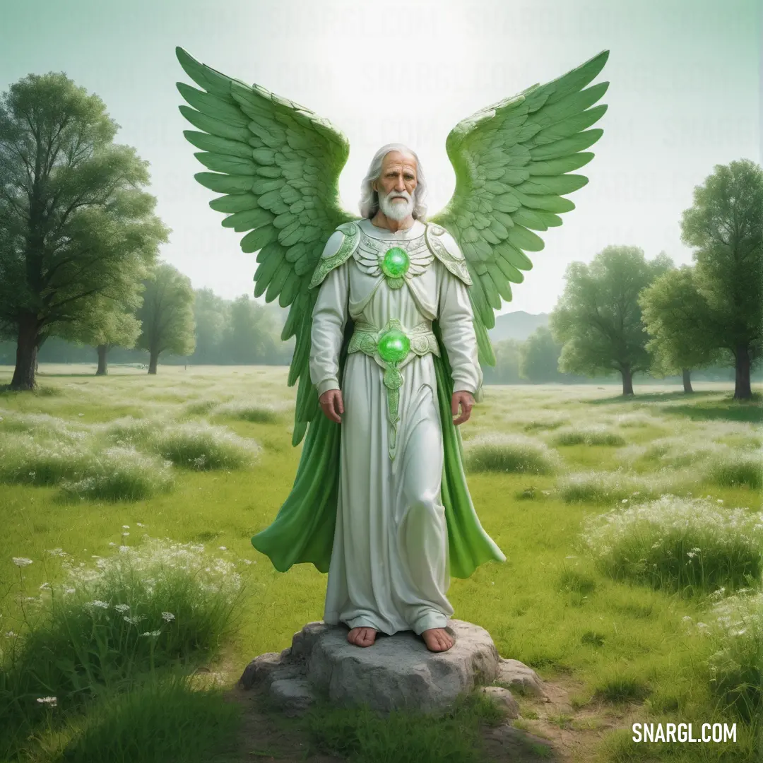 Archangel with a green halo and wings standing on a rock in a field with trees and grass in the background