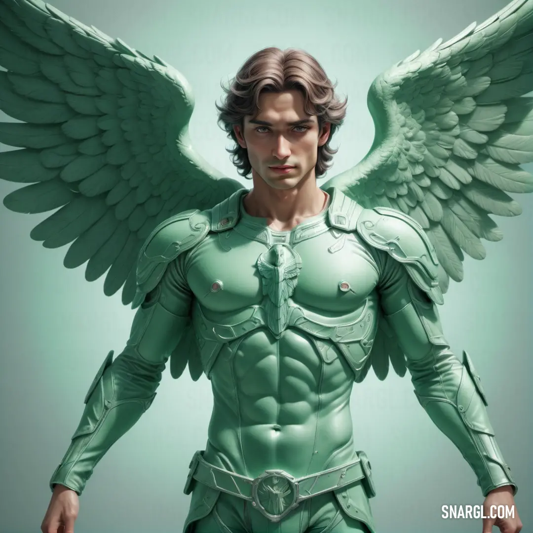 Archangel with a green suit and wings on his chest