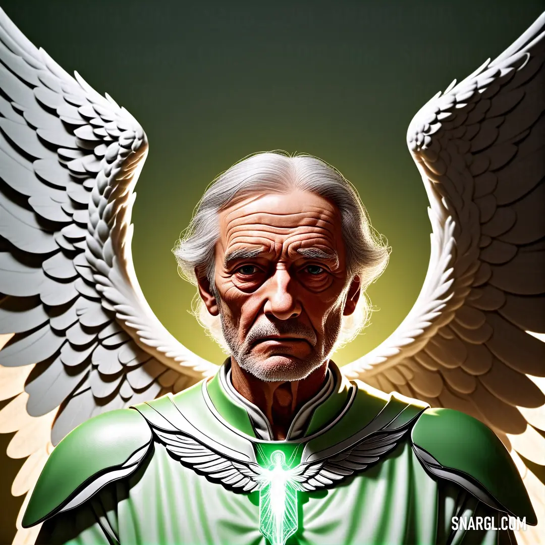 Archangel with a green tie and wings on his head and a green tie on his chest and hands
