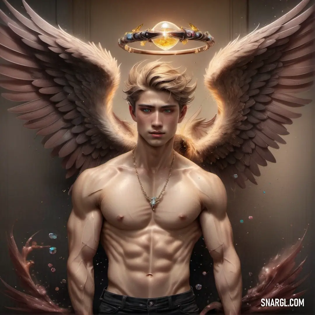 Archangel with a halo and wings on his head is standing in front of a wall