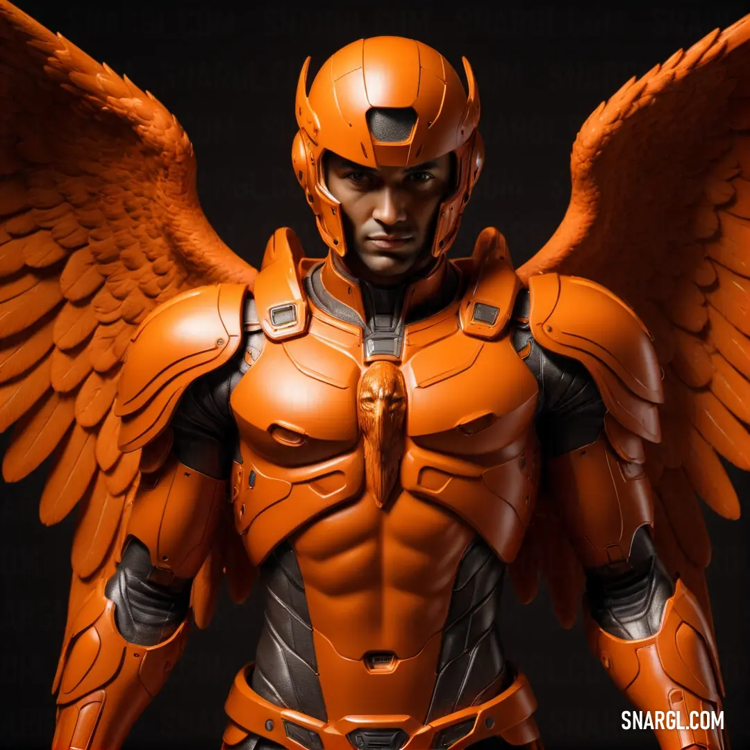 Archangel with a helmet and wings on his body is shown in a photo studio setting with a black background