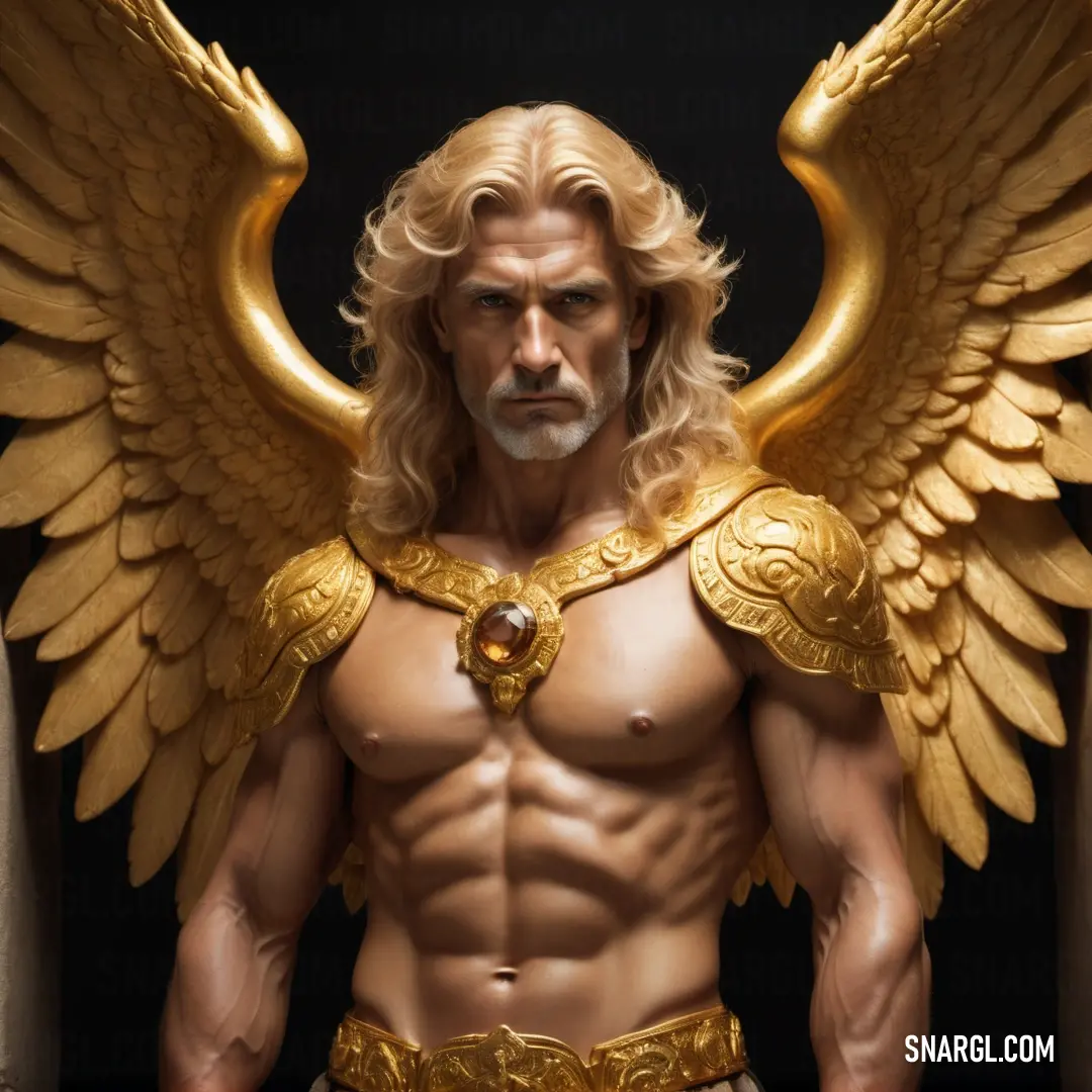 Archangel with a huge golden angel wings on his chest