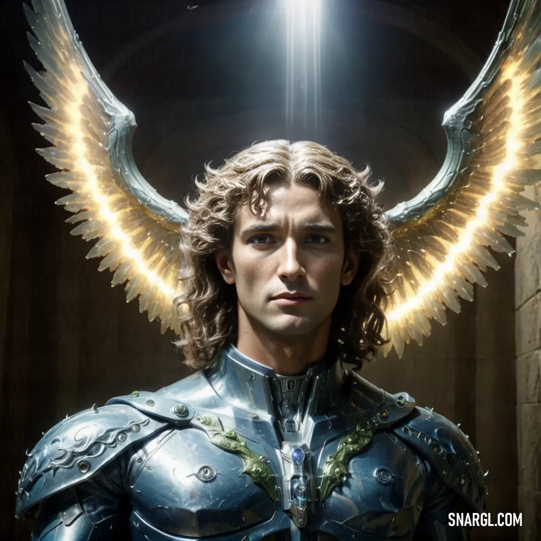 Archangel with a large angel wings on his head and chest
