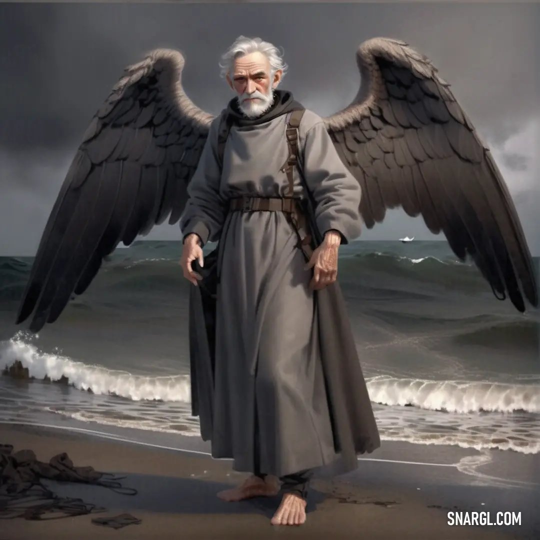 Archangel with a large angel wings standing on a beach next to the ocean with a storm in the background