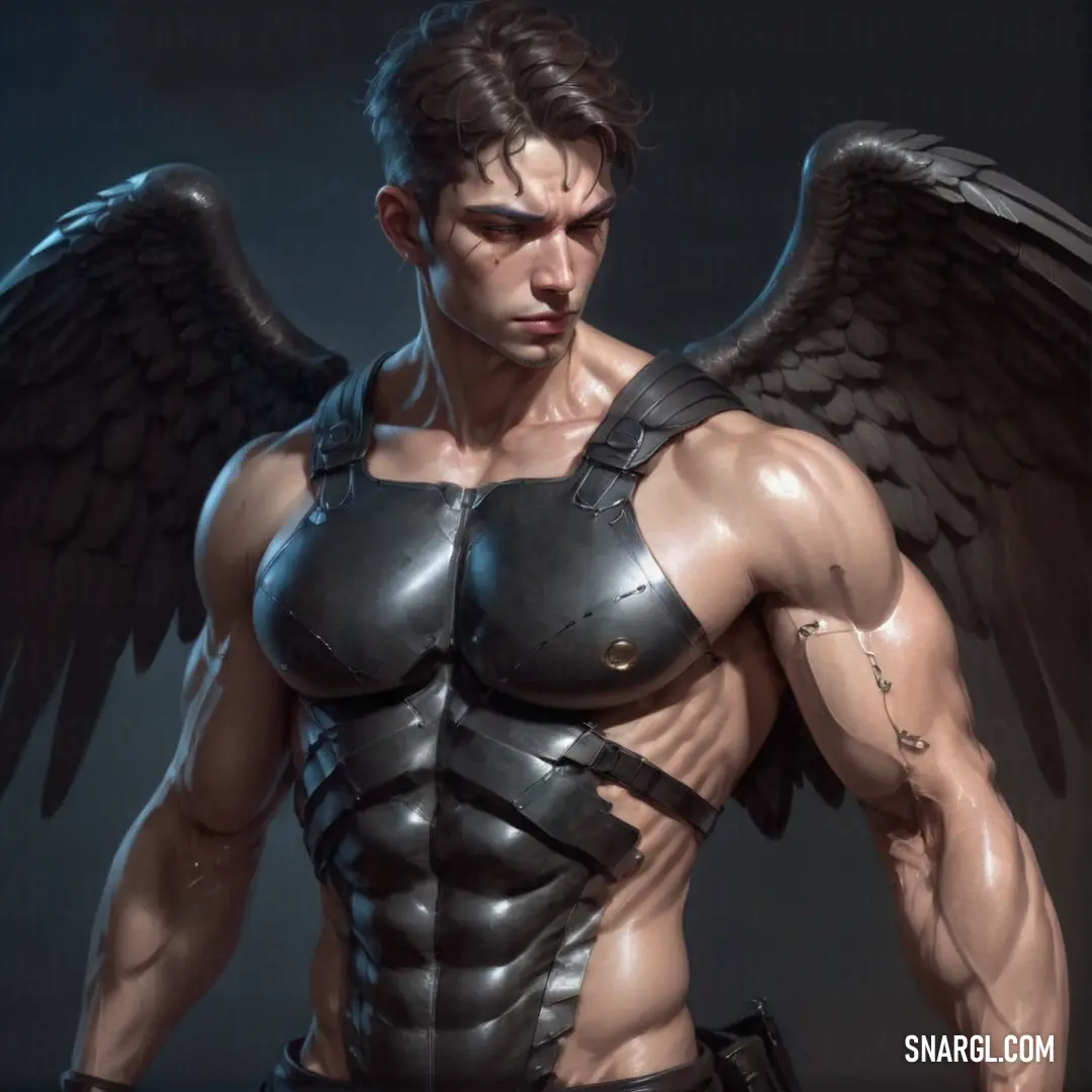 Archangel with a large black angel wings on his chest