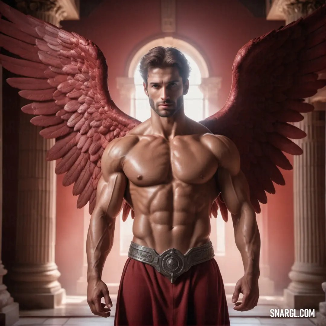 Archangel with a large red angel wings on his chest
