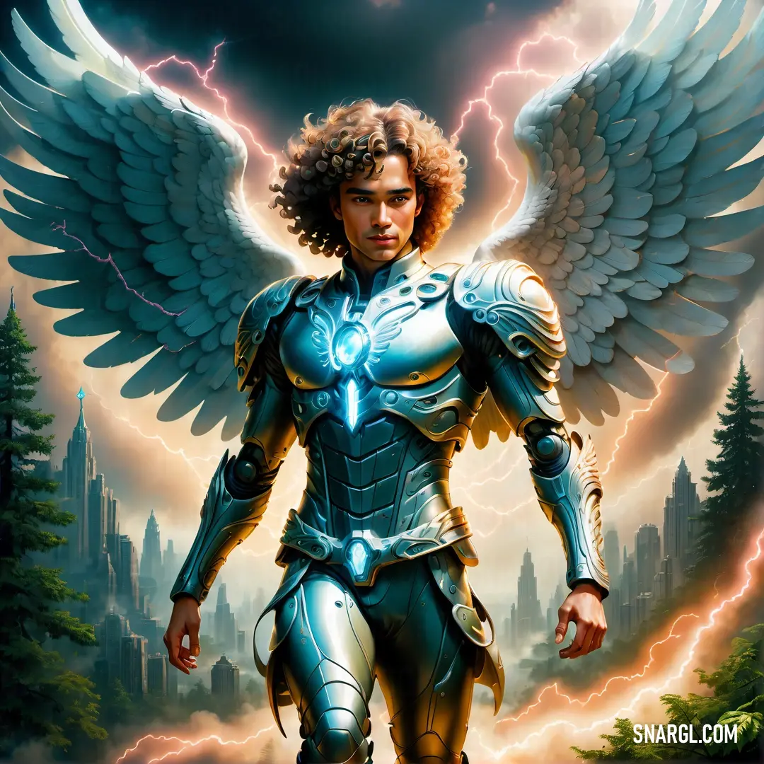 Archangel with a large white angel wings on his chest and a city in the background with lightning in the sky