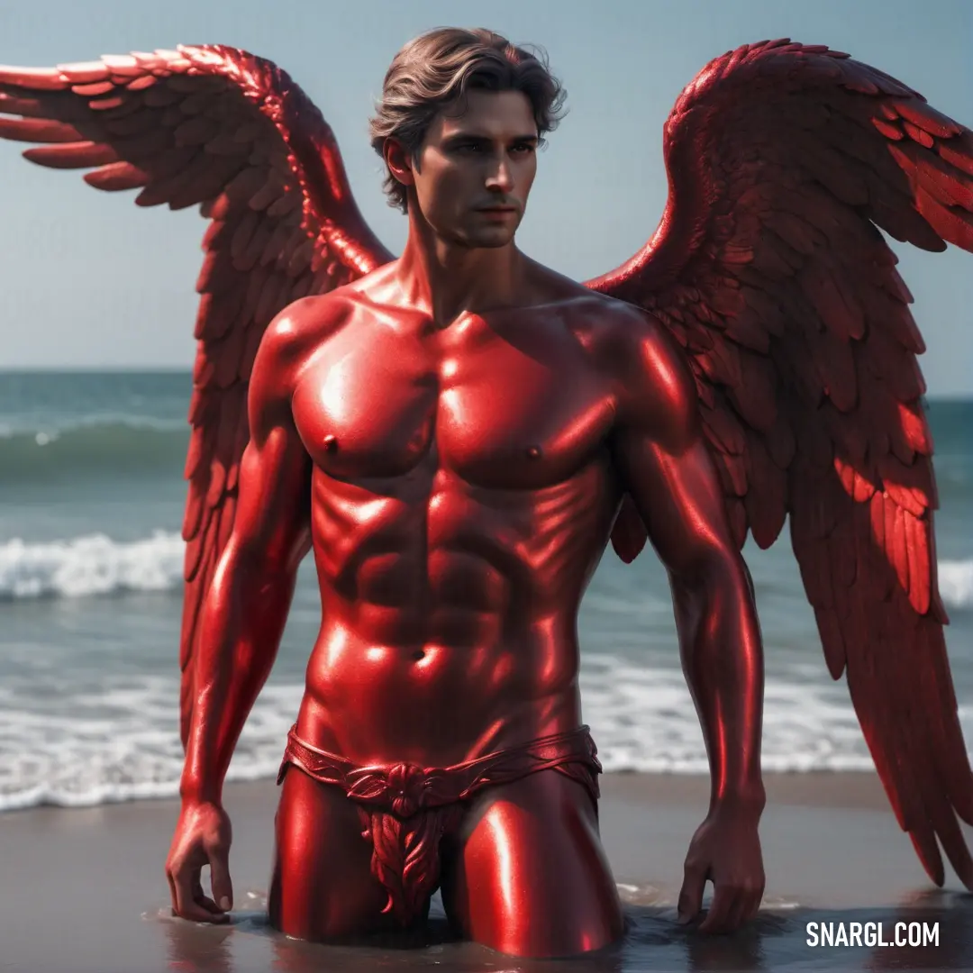 Archangel with a red body and wings on the beach next to the ocean with waves crashing in the background