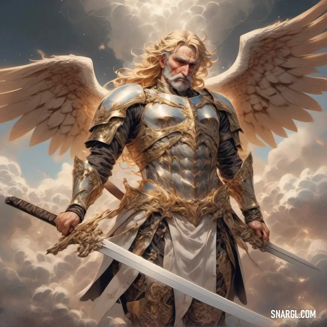 Archangel with a sword and wings standing in the clouds with a sword in his hand