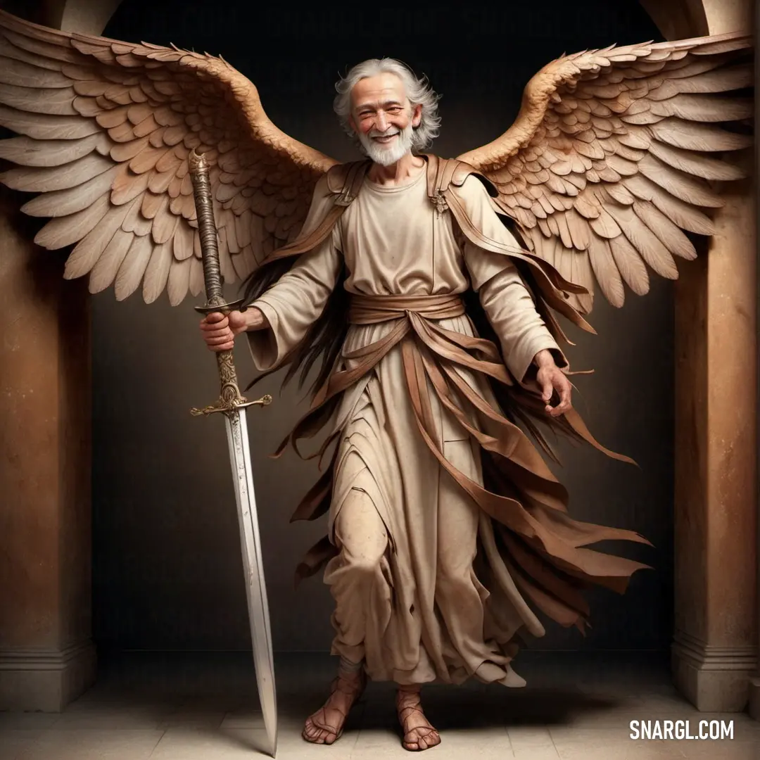 Archangel with a sword and wings standing in a doorway with a sword in his hand