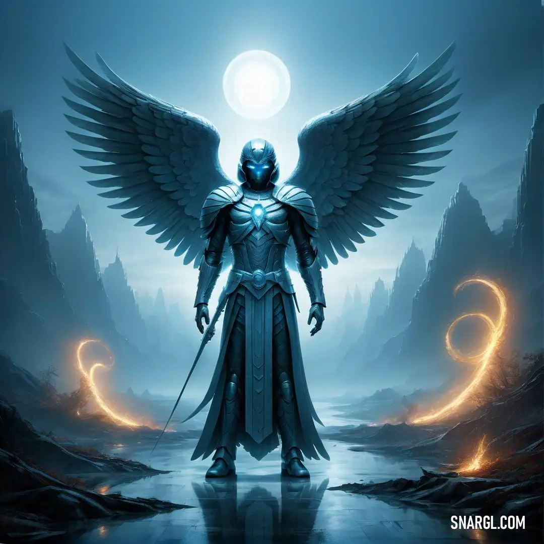 Archangel with a sword and wings standing in a dark forest with a full moon in the background and a blue sky