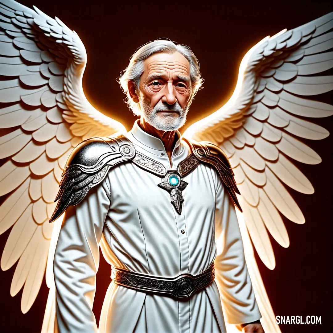 Archangel with a white shirt and wings on his chest and a white shirt on his chest