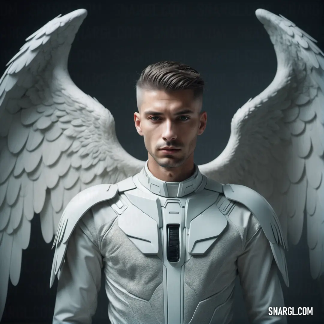 Archangel with a white suit and wings on his chest