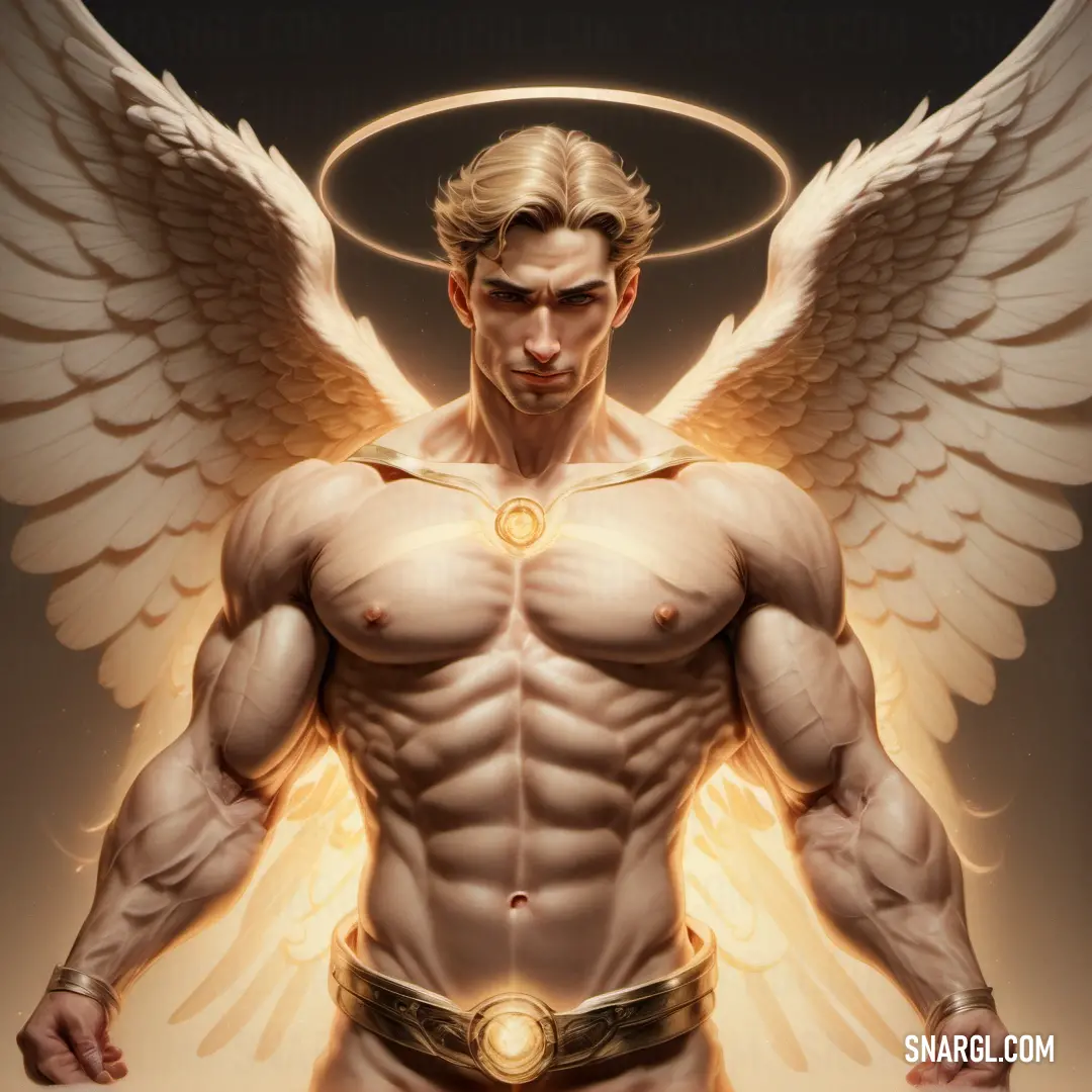 Archangel with angel wings and a halo around his neck and chest