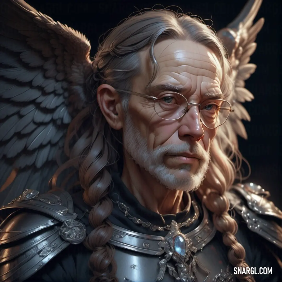 Archangel with long hair and glasses wearing a suit of armor and wings on his head and shoulders