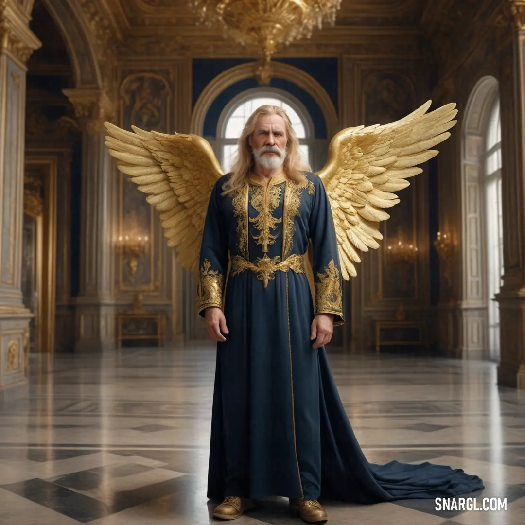 Archangel with long hair and a beard wearing a blue gown with gold wings stands in a large room