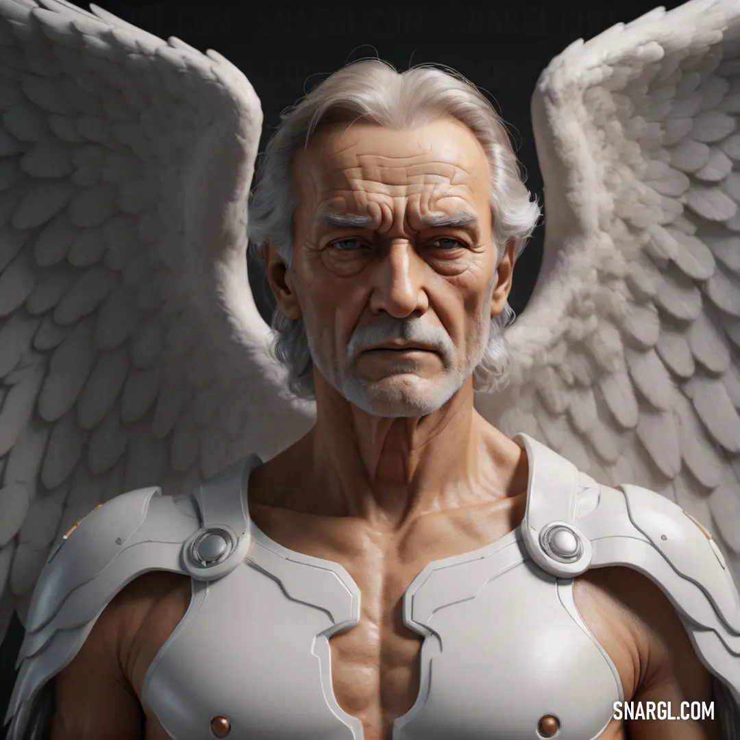 Archangel with white hair and a white angel costume on his chest