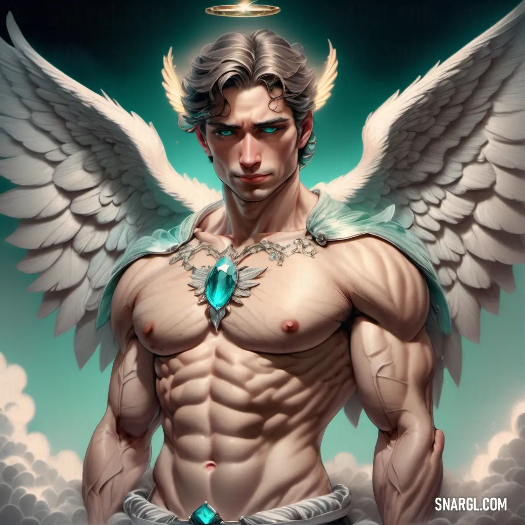 Archangel with wings and a halo around his neck and chest