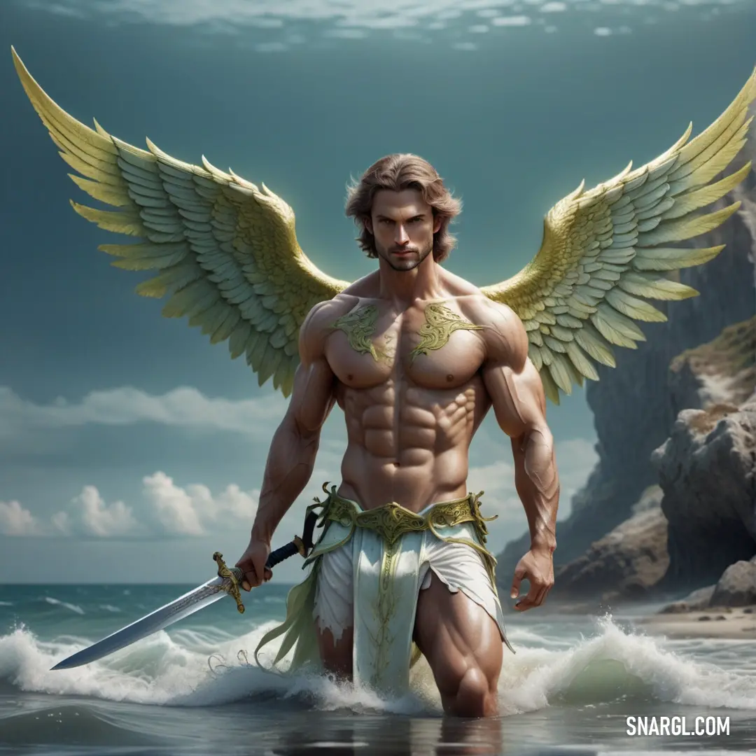 Archangel with wings and a sword in the water with a rock in the background