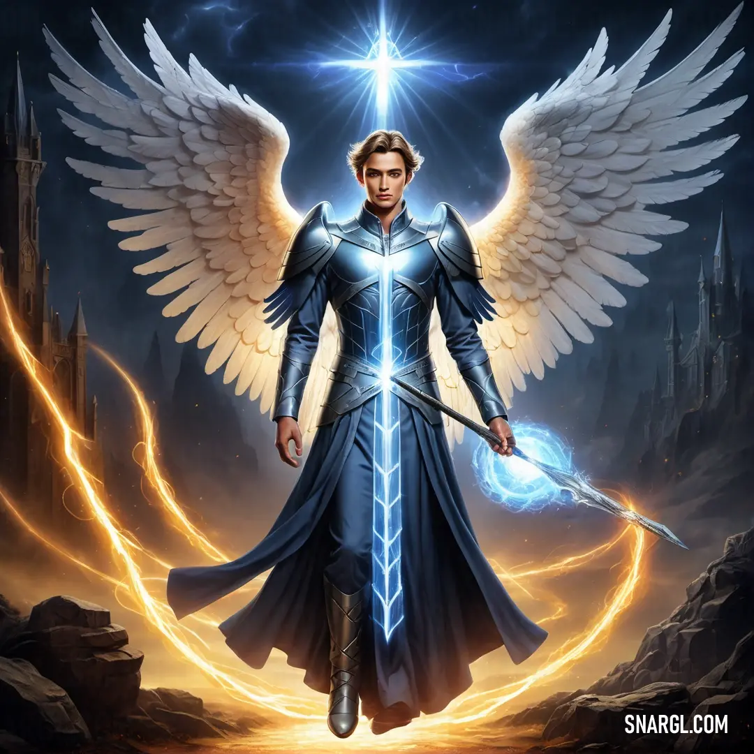 Archangel with wings holding a sword and a sword in his hand with lightning behind him and a star above his head