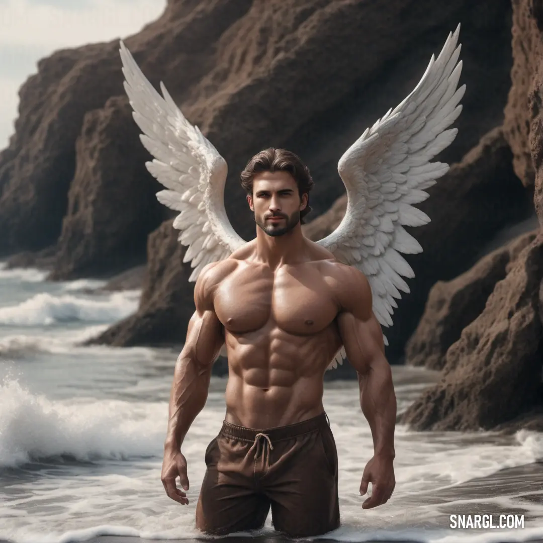 Archangel with wings standing in the water near the beach with a rock formation in the background and a wave coming in