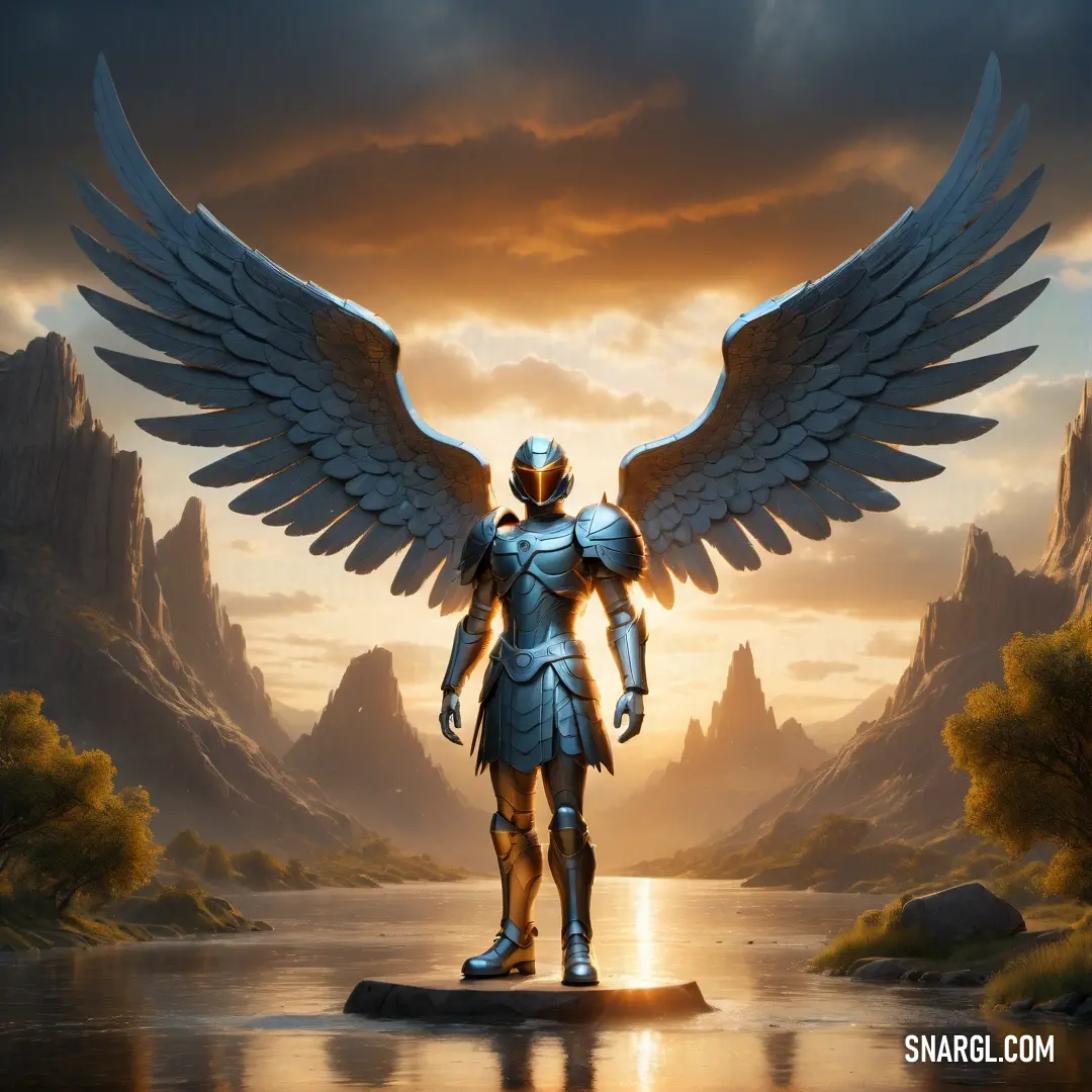 Archangel with wings standing on a rock in front of a lake with mountains in the background and a sunset