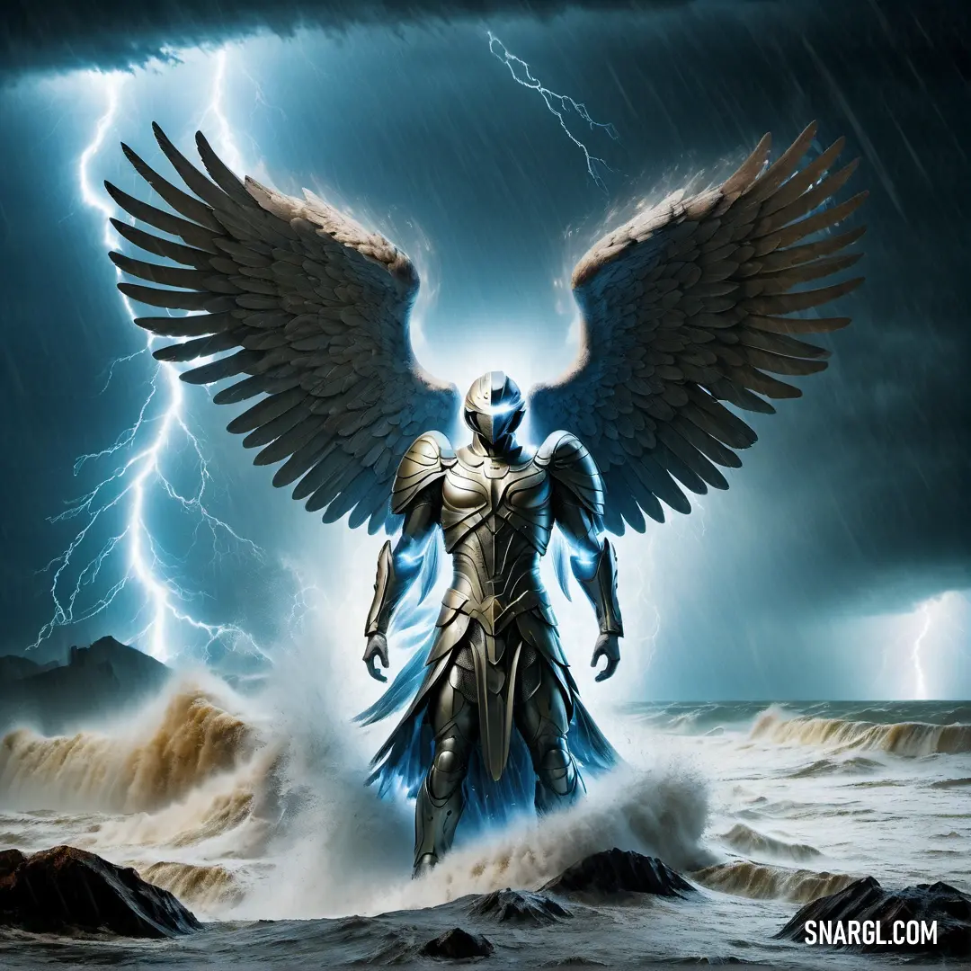 Archangel with wings standing in the water with a storm behind him and lightning in the sky above him