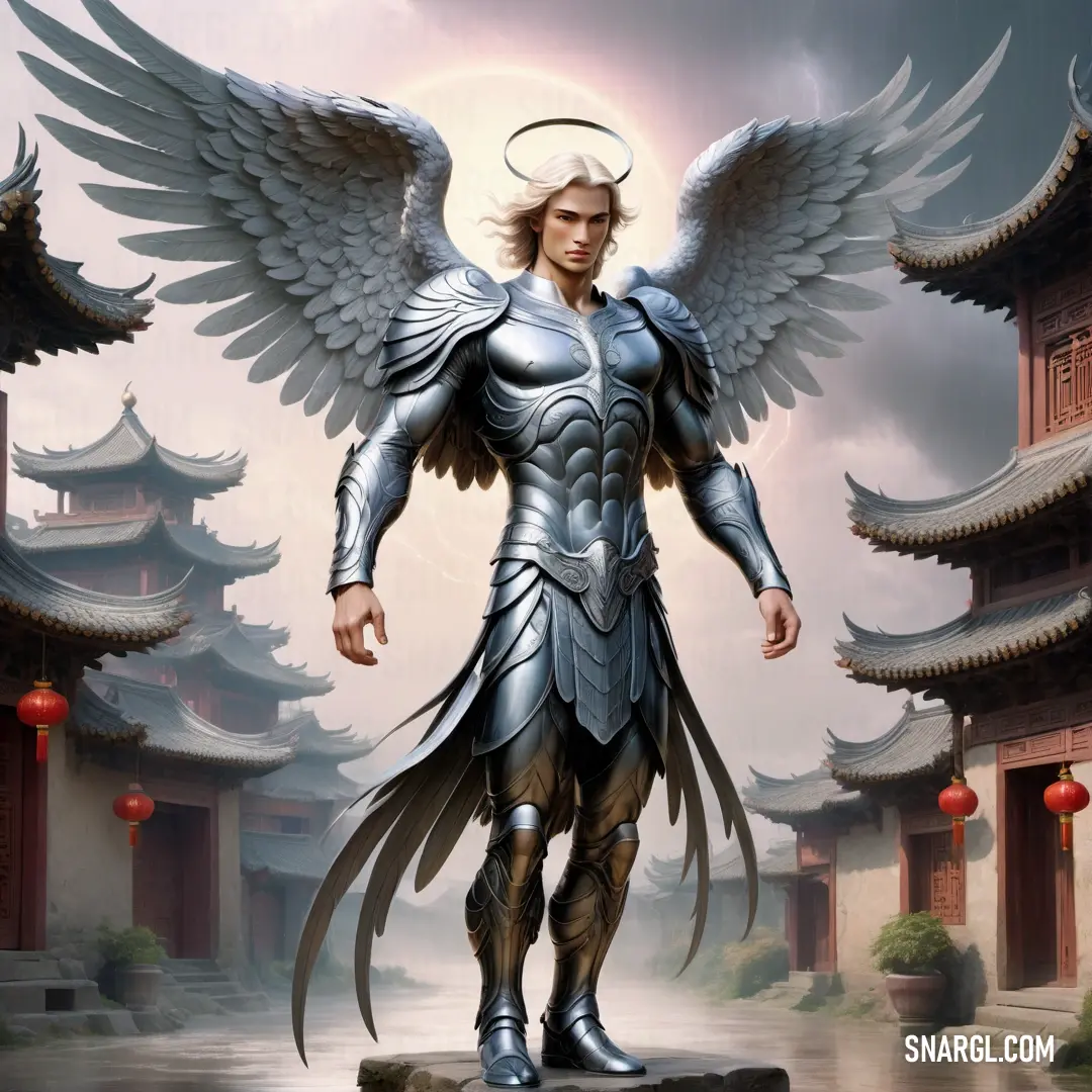 Archangel with wings standing in front of a building with a sky background and lanterns around him