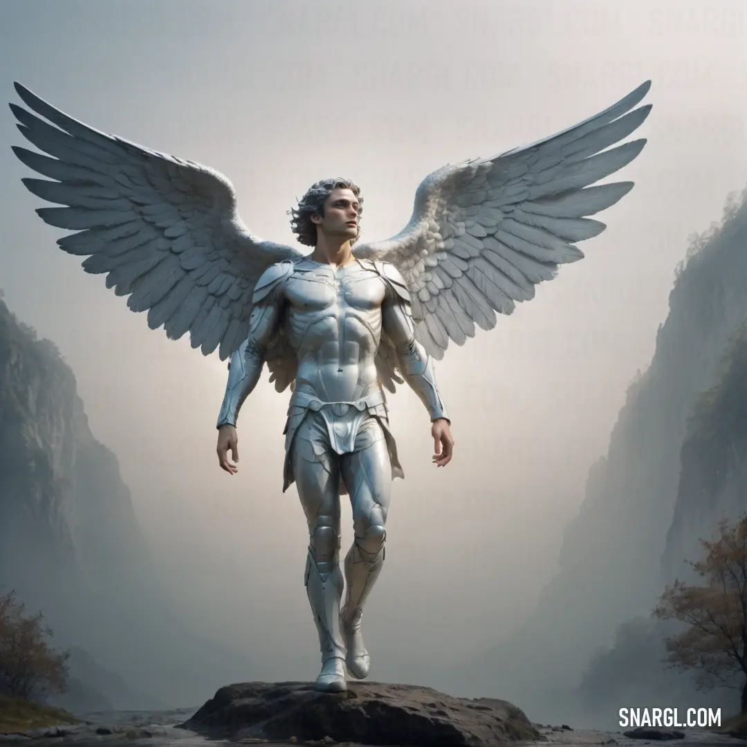 Archangel with wings standing on a rock in the middle of a mountain range