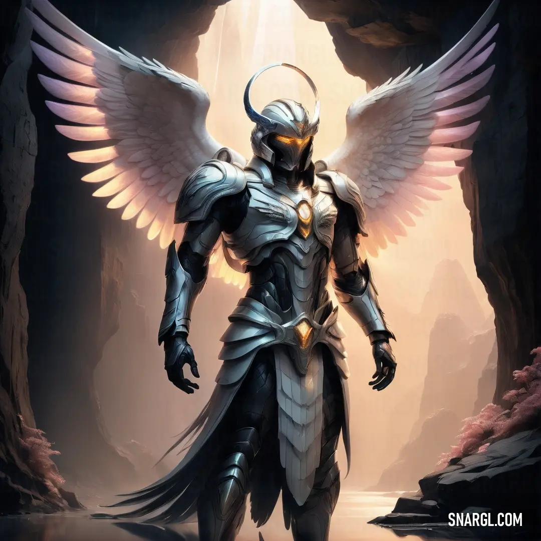 Archangel with wings standing in a cave with a halo around his head