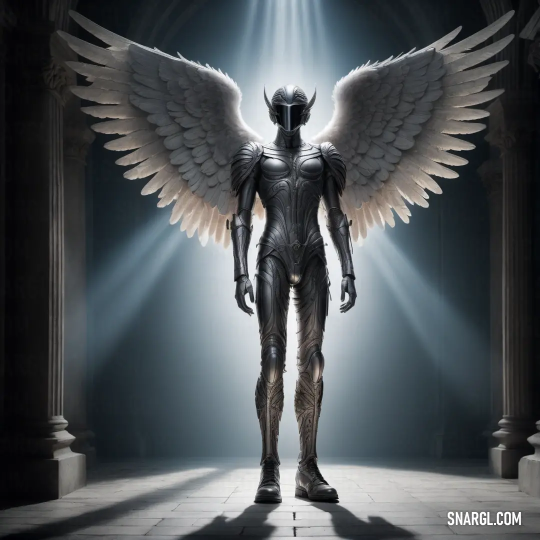 Archangel with wings standing in a dark room with light coming from behind him