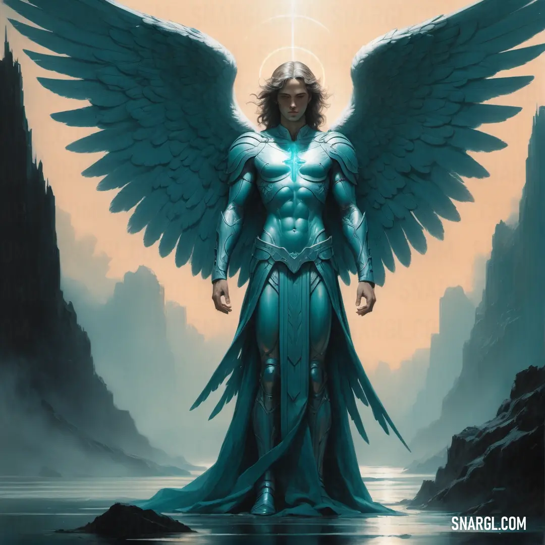 Archangel with wings standing in a body of water with a halo above his head