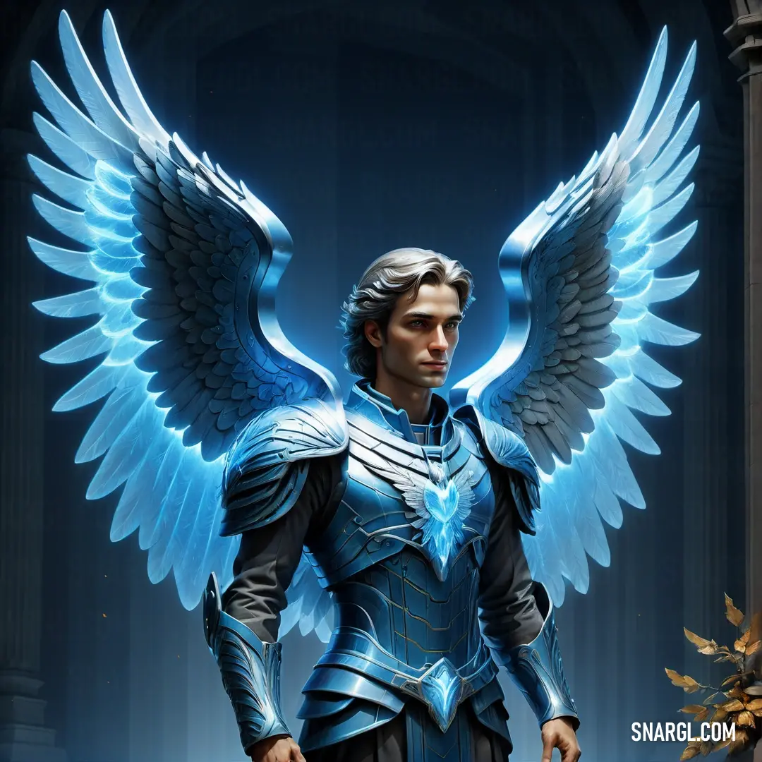 Archangel with wings standing in front of a building with a clock tower in the background and a statue of a male Archangel