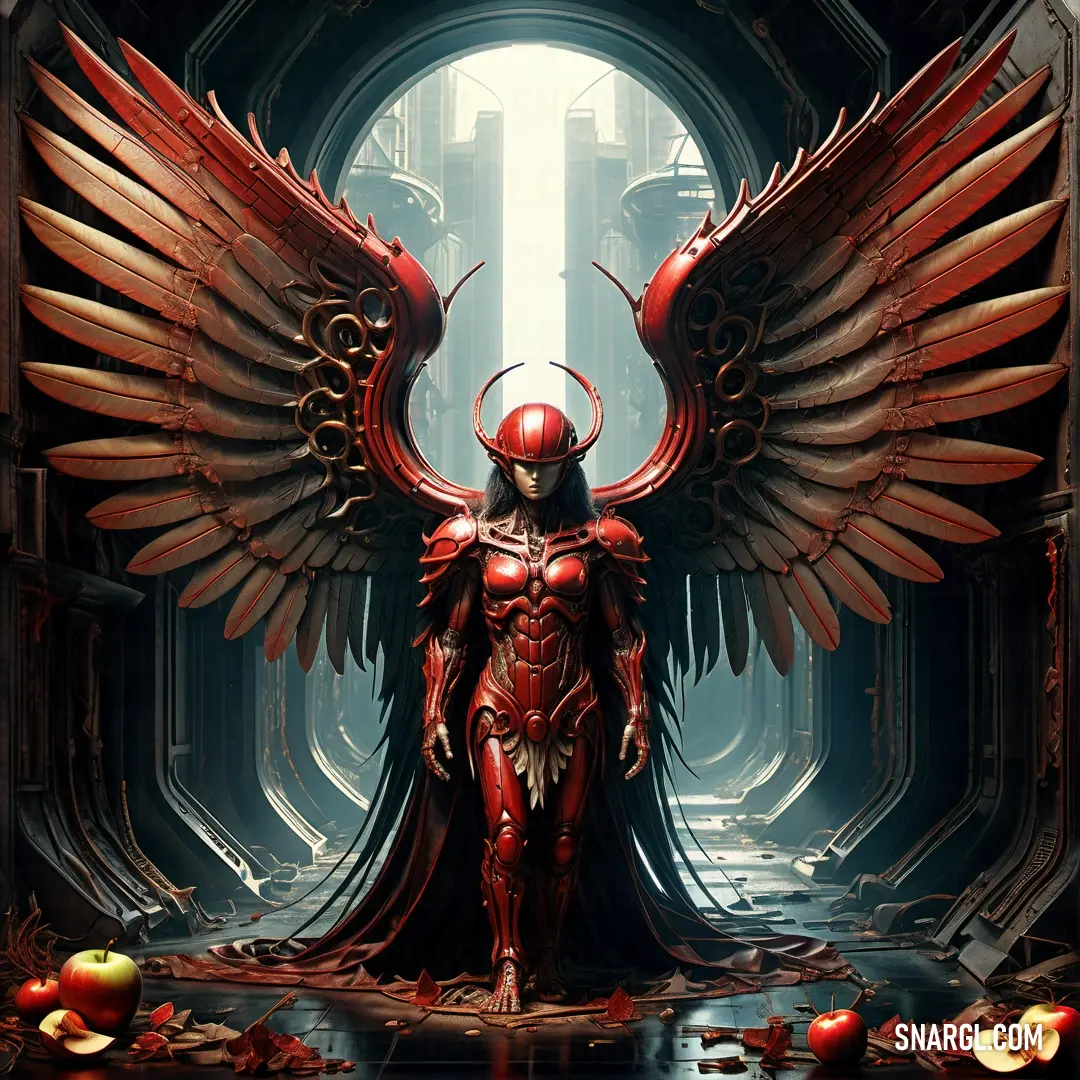 Painting of a demonic looking male Archangel with wings and a helmet on his head