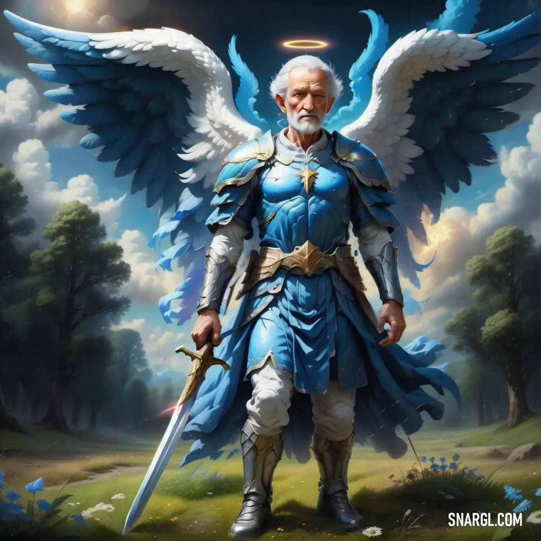 Painting of a male Archangel with wings and a sword in his hand