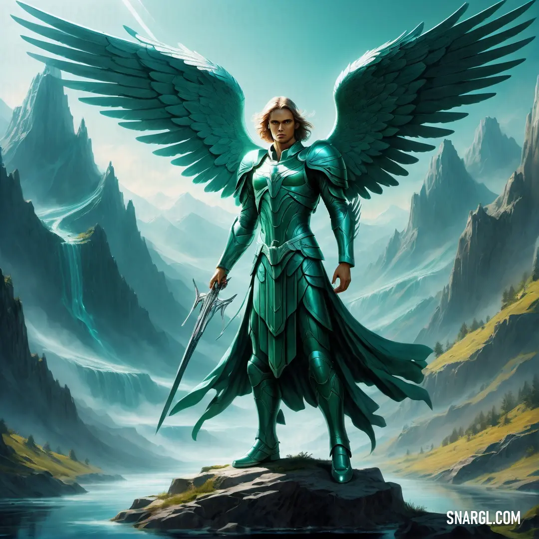 Painting of a female Archangel with wings holding a sword